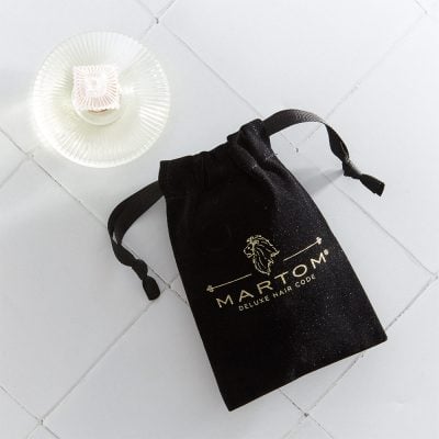 velvet drawstring bag with custom gold foil print direct from manufacturer