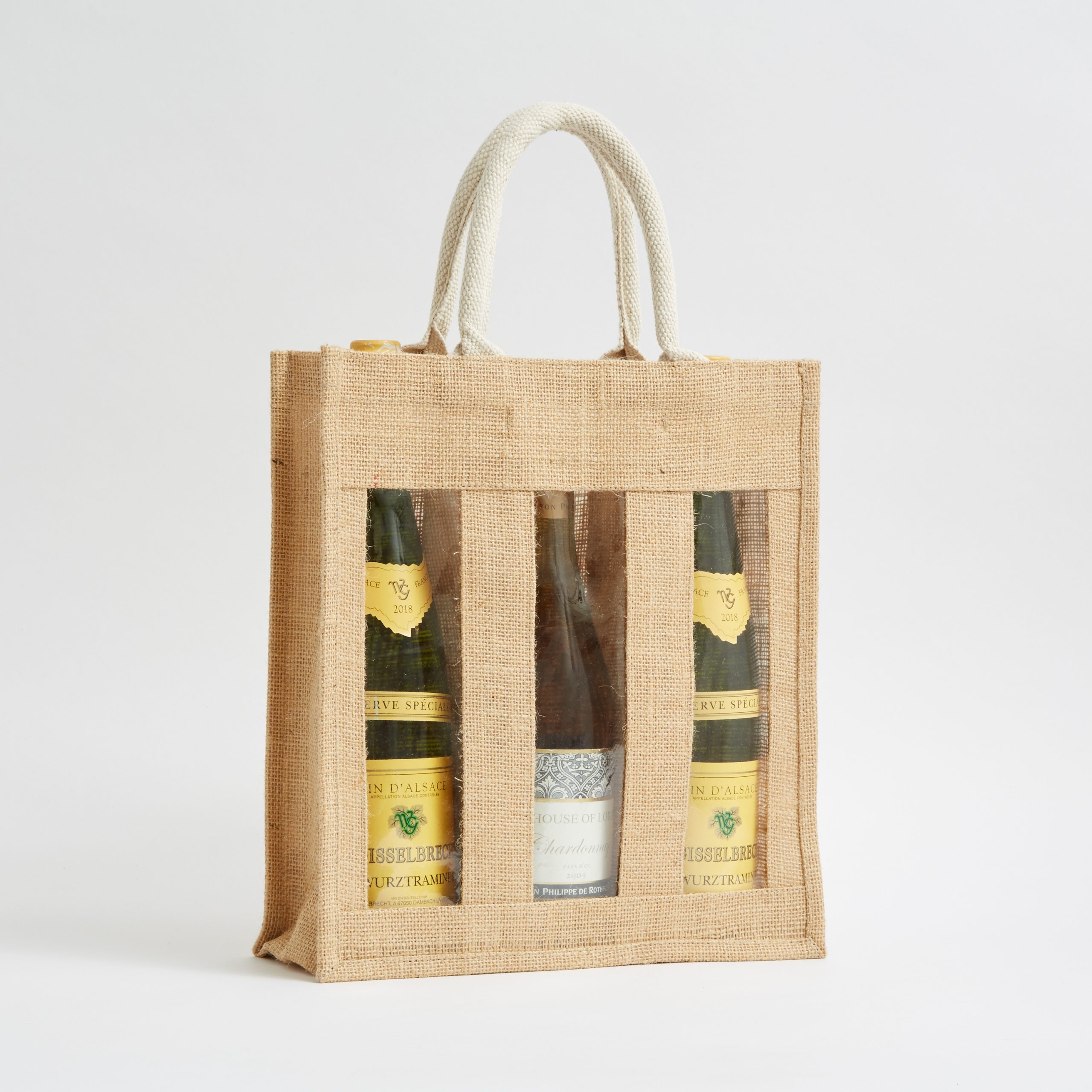 Three Bottle Carrier Jute Bag with window<p>30 w x 34 h x 10 d cm</p>