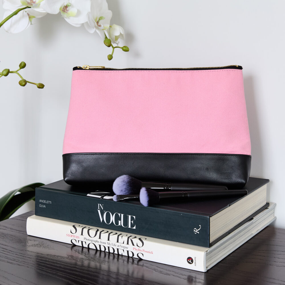 Canvas make-up bag with black leather bottom